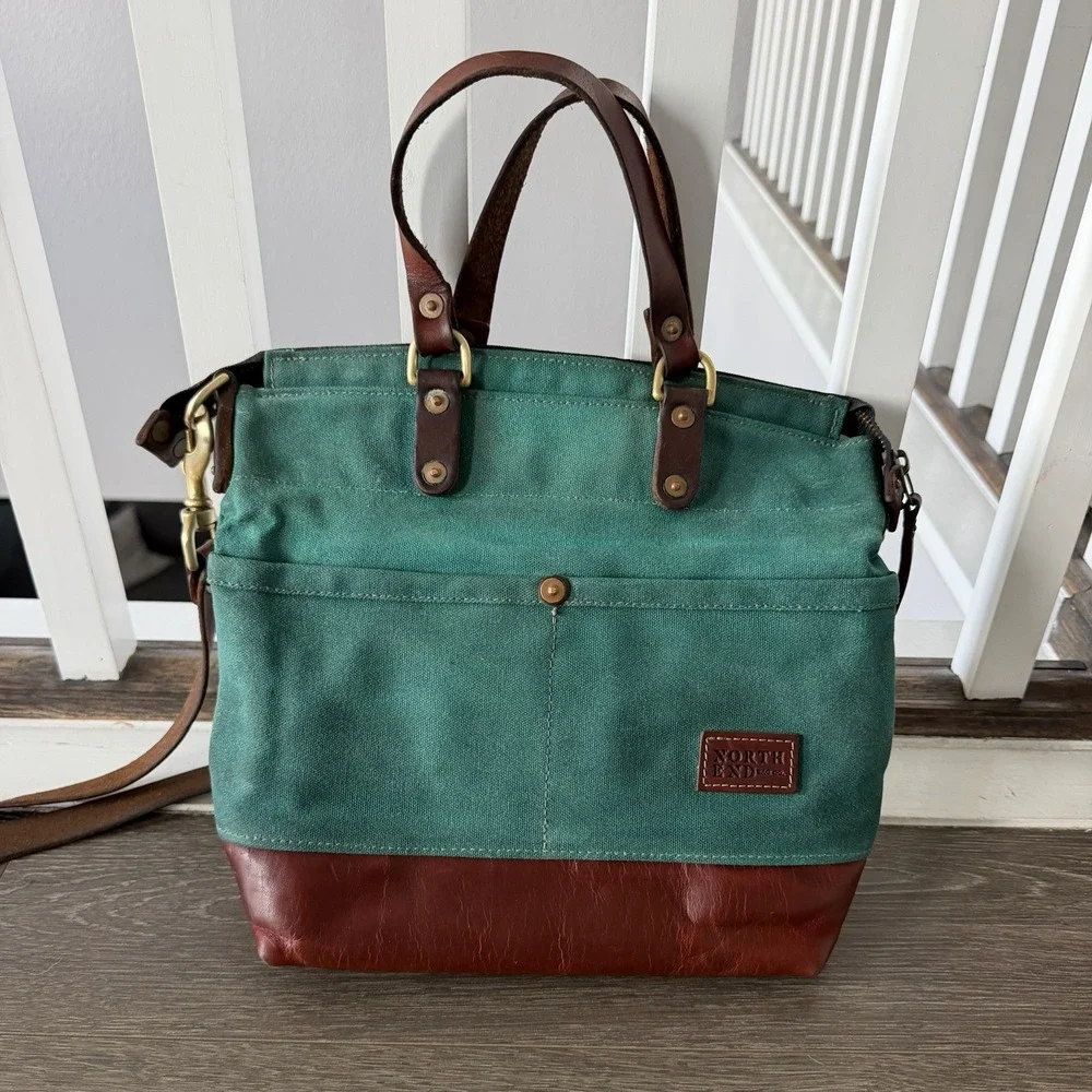 NORTH END Bag Co Teal Leona Canvas Brown Leather Large Crossbody Shoulder Boho